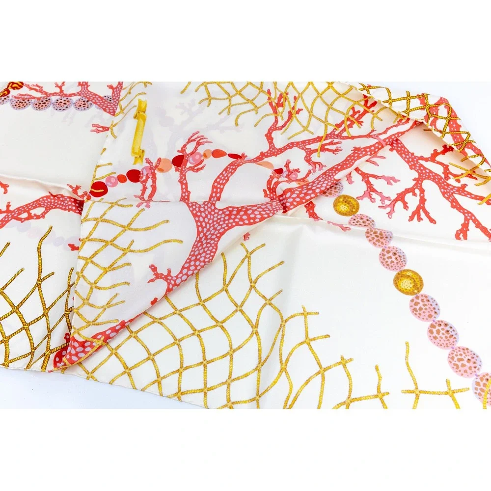 Vintage Angela Cummings Italian Silk Twill Scarf Nautical Coral Net In Box 35x35